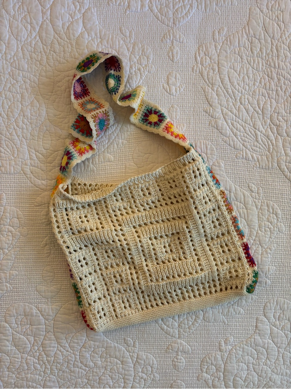 Cream Crochet Tote Bag with Colorful Strap